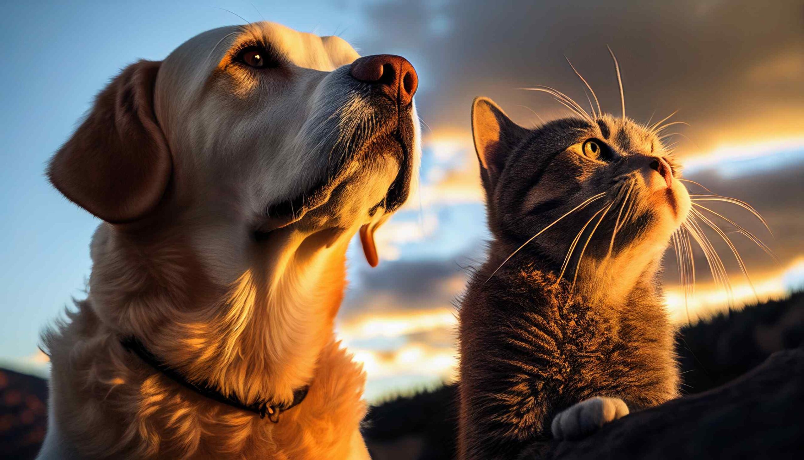 Dog and cat from below side view golden hour National Ai