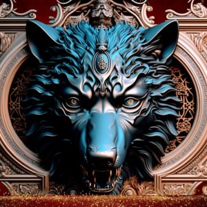 Illustrative image of a golden black wolf decorated with heraldic background