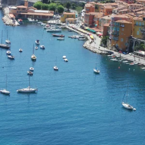 Panoramic view of Villefranche, southern France on the famous French Riviera, marinières beach