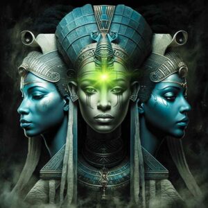 AI image featuring the Egyptian Trinity of female goddesses of ancient Egypt