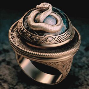 Art in Ai with Handcrafted signet ring in gold forged copper on sapphire and golden serpent adornment on the base