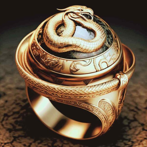Gold signet ring with a golden serpent adornment on the base.