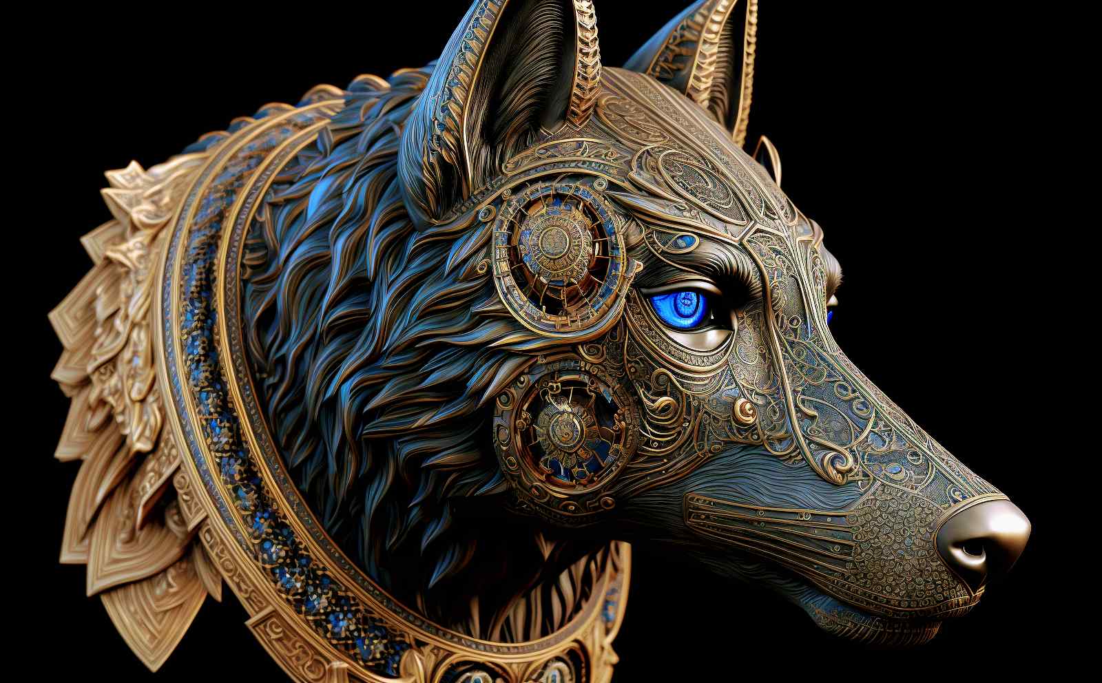 Image in Ai, Art of a brown Wolf's head with diamond blue eyes, forging its skin with emeralds, bronze silver and plated in refined gold.