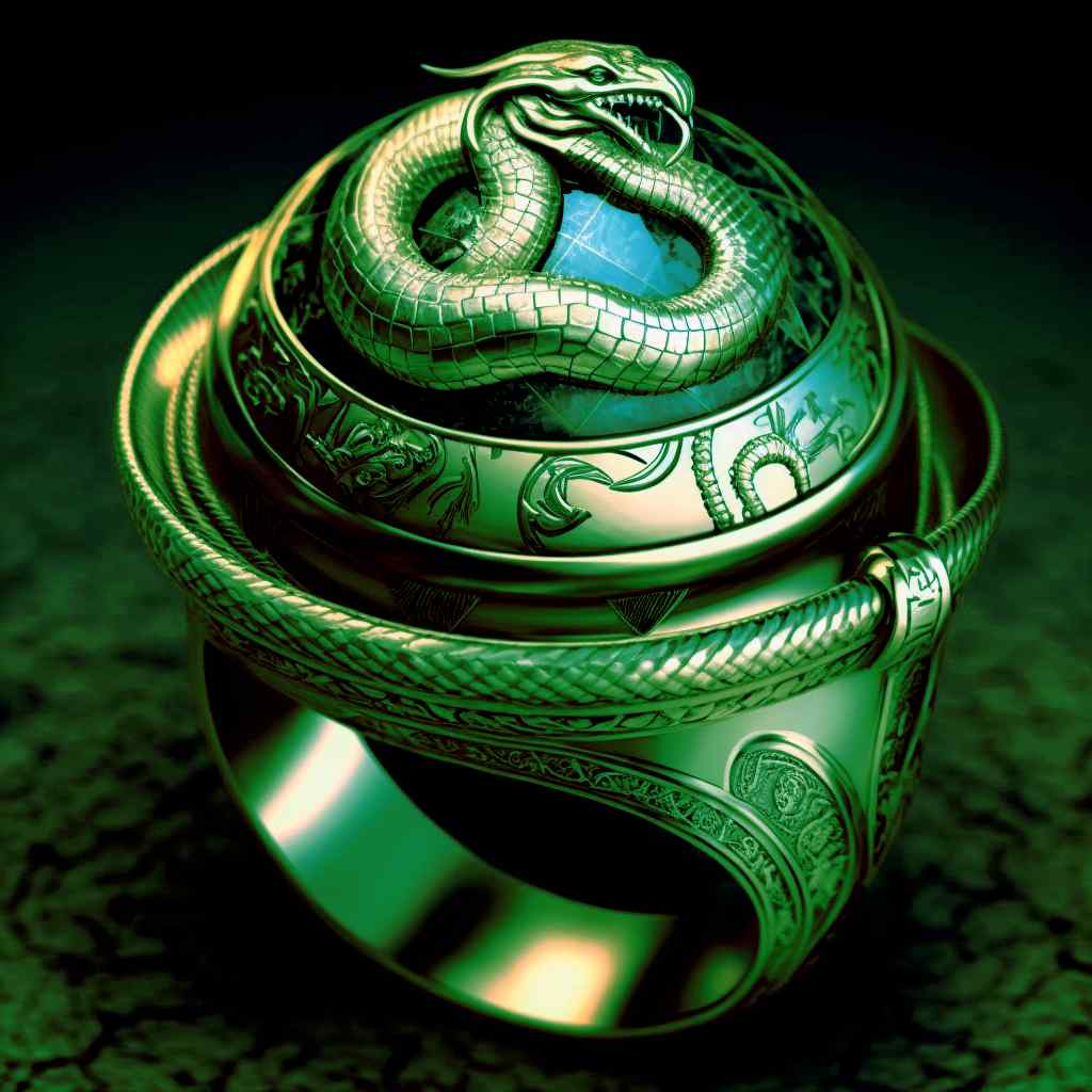Shiny signet ring forged with green emerald, with a serpent adornment printed on its base.