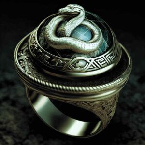 image of an old signet ring in old silver with a golden serpent adornment at the base. 