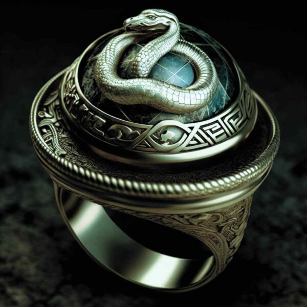 Art in Ai with Handcrafted signet ring in gold forged copper on sapphire and golden serpent adornment on the base - Image 3